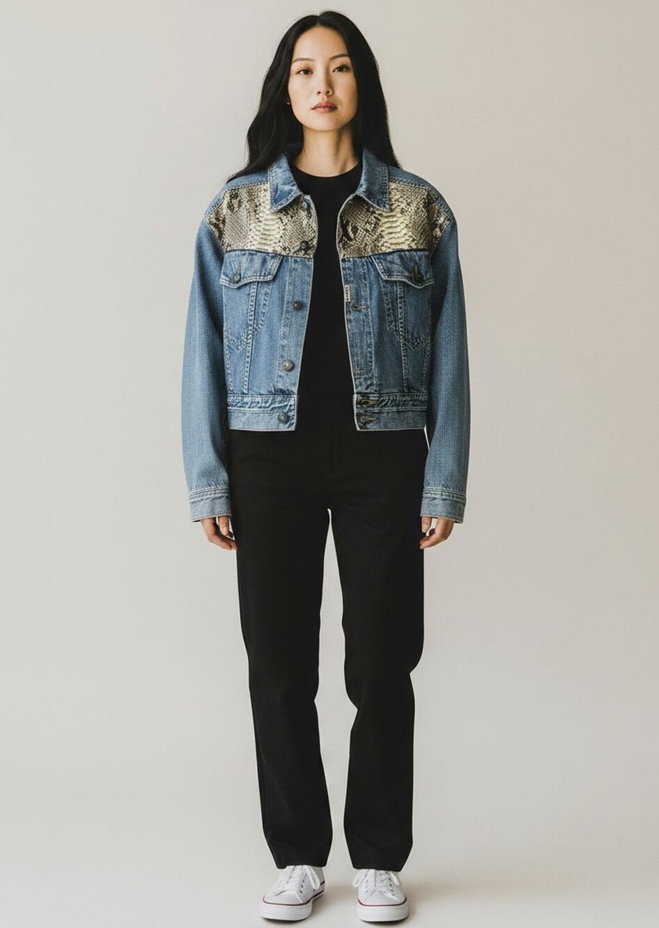 Vintage Edwin Japan Snakeskin Embellished Denim Jacket Medium Blue Jean Zip Up